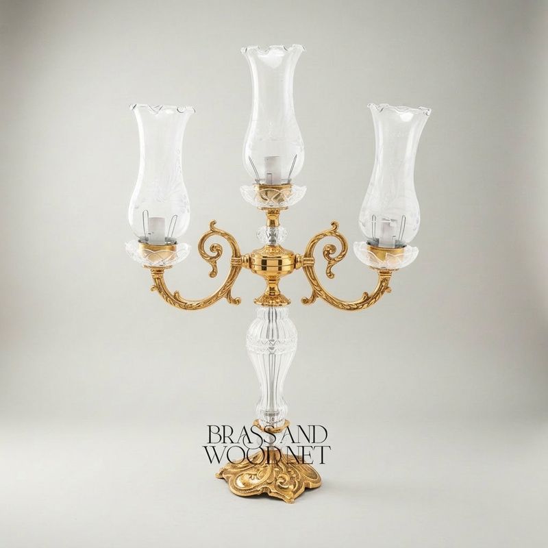 Baroque Crystal & Brass 3-Arm Candelabra Table Lamp — Gold finish