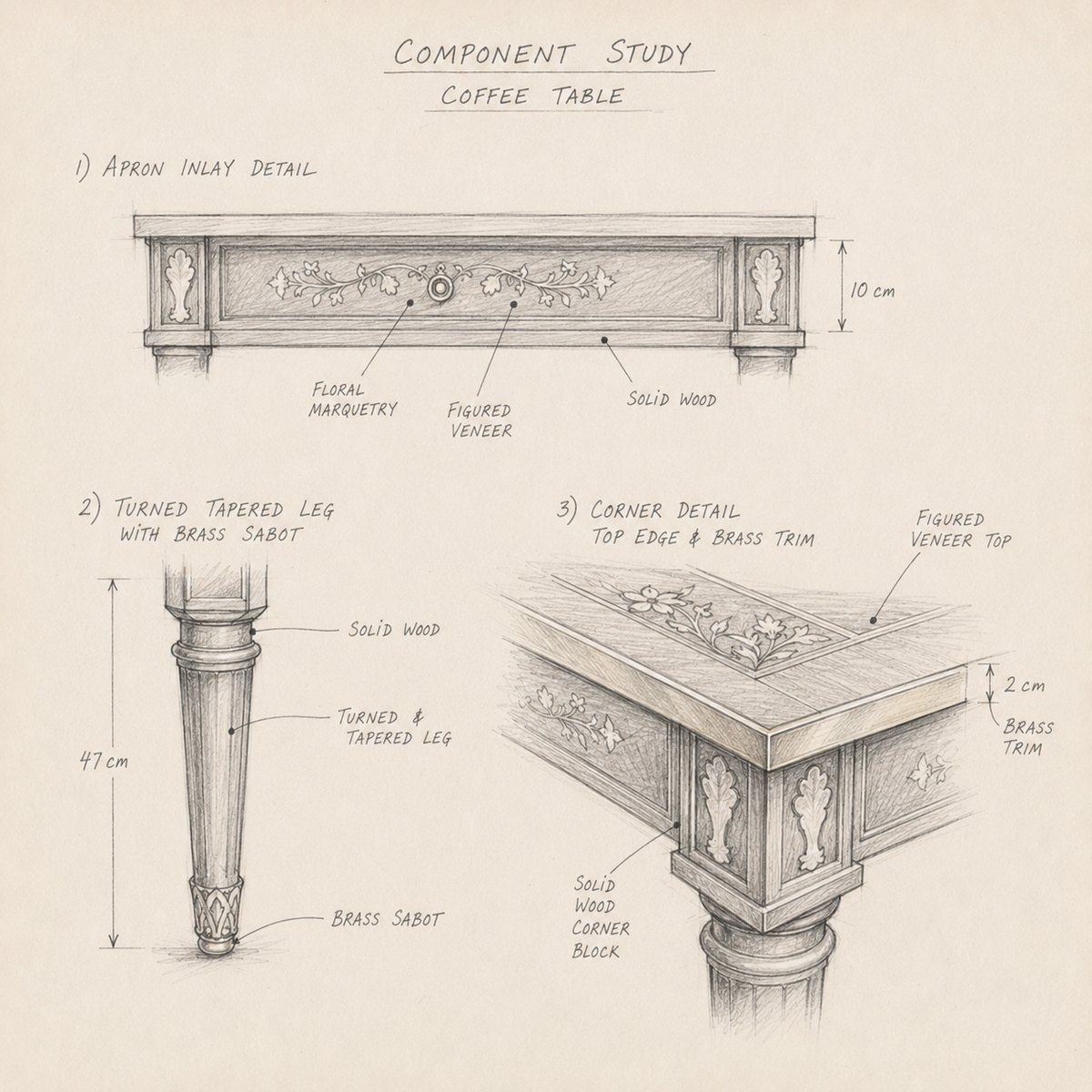 Component study — carved leg and brass mount details