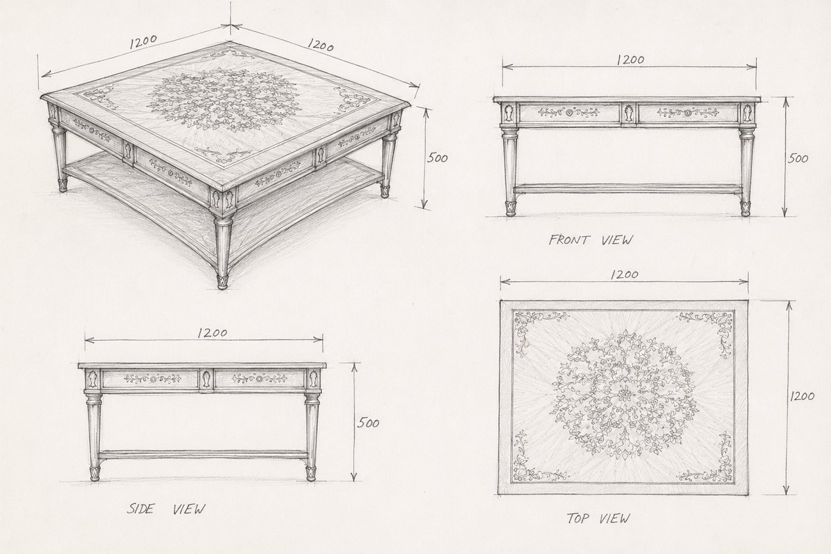 Orthographic working drawings of the Louis XVI coffee table