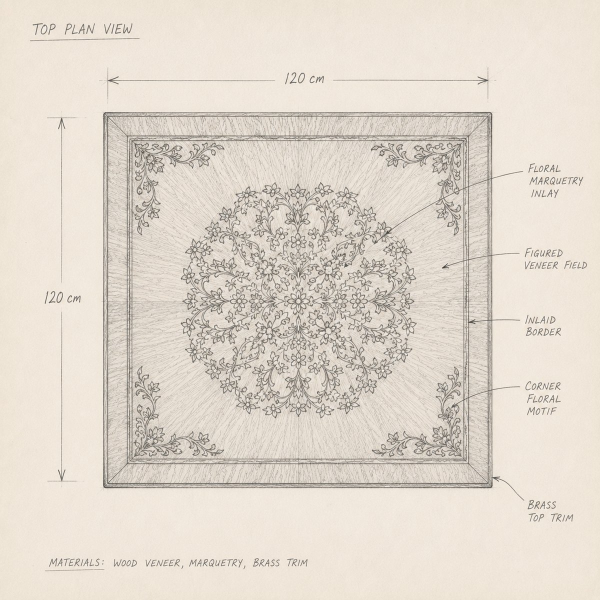 Top plan drawing with marquetry layout