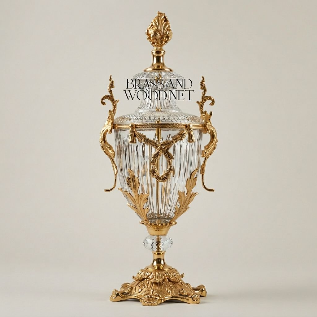 Neoclassical crystal covered urn vase with acanthus brass mounts