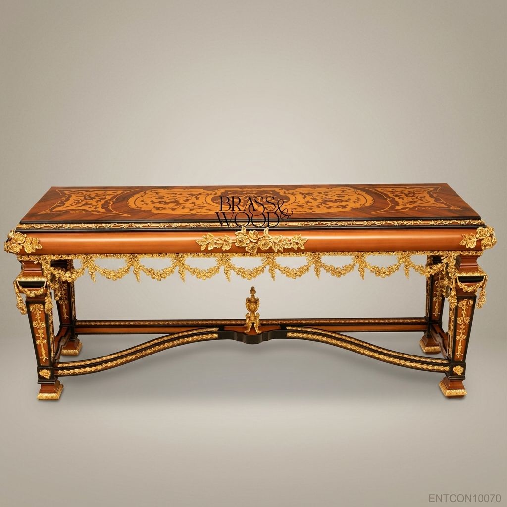 Louis XVI neoclassical console table with marquetry top and ormolu mounts