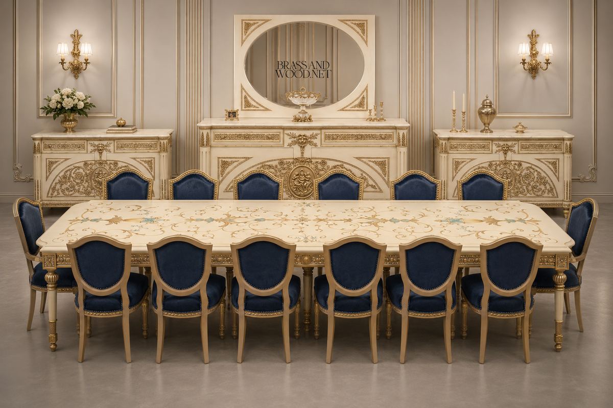 Classical carved dining suite by Brass and Wood