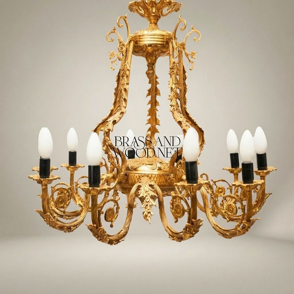 Rococo brass eight-arm chandelier with acanthus scrollwork