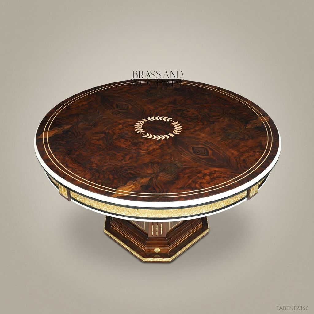 Empire burr walnut round entry table with gilt laurel marquetry