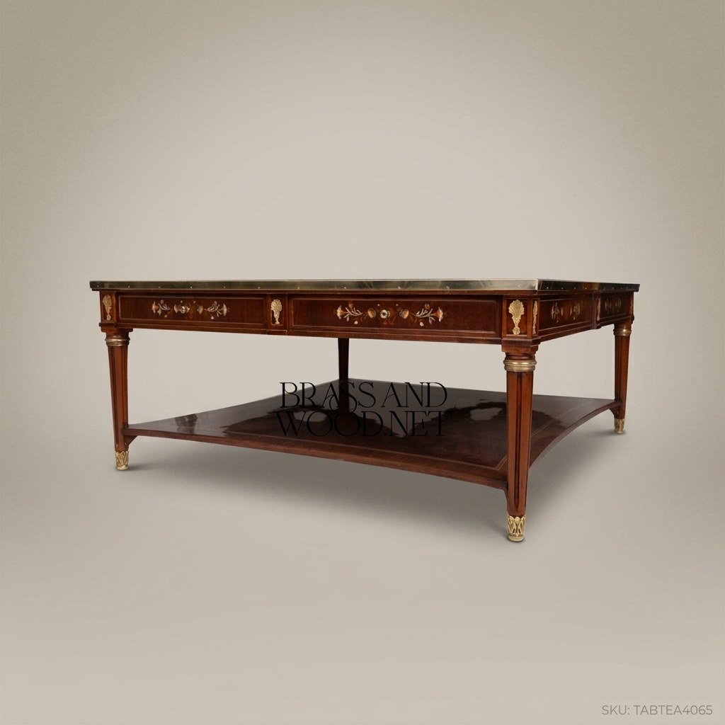 The finished Louis XVI marquetry coffee table with brass mounts