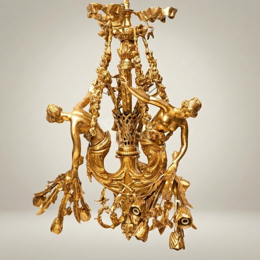 Gilt figural brass chandelier handcrafted by Brass and Wood