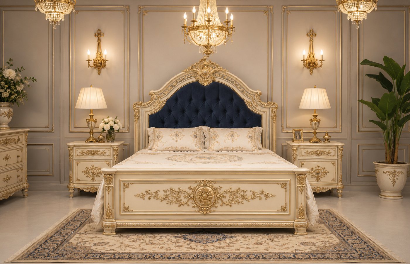 Gilt bedroom suite with mother-of-pearl headboard and matching nightstands by Brass and Wood