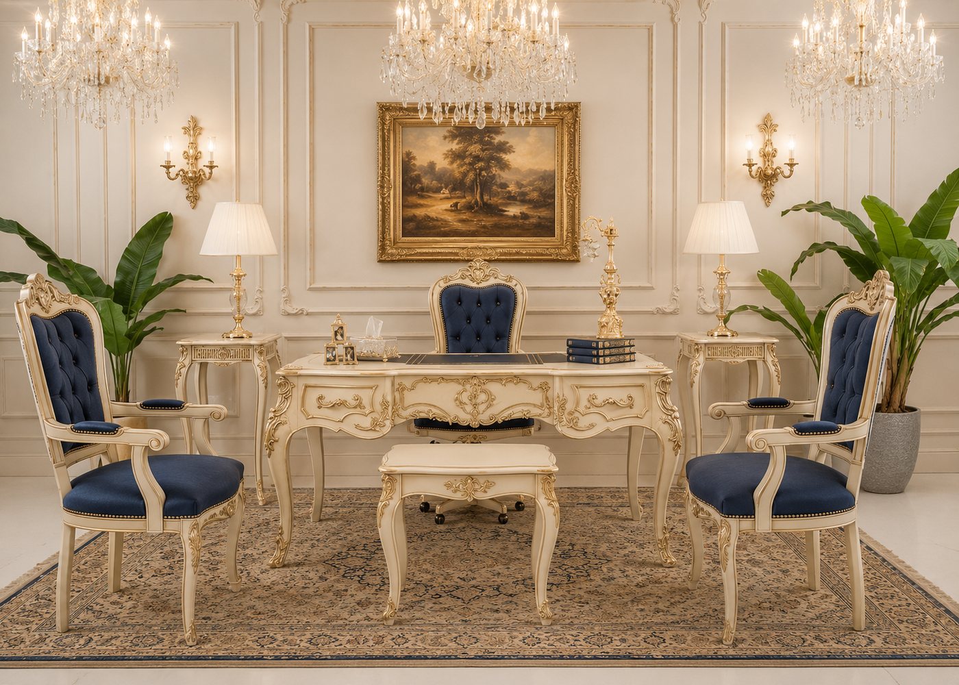 Louis XV executive office set with ormolu-mounted desk and leather chairs by Brass and Wood
