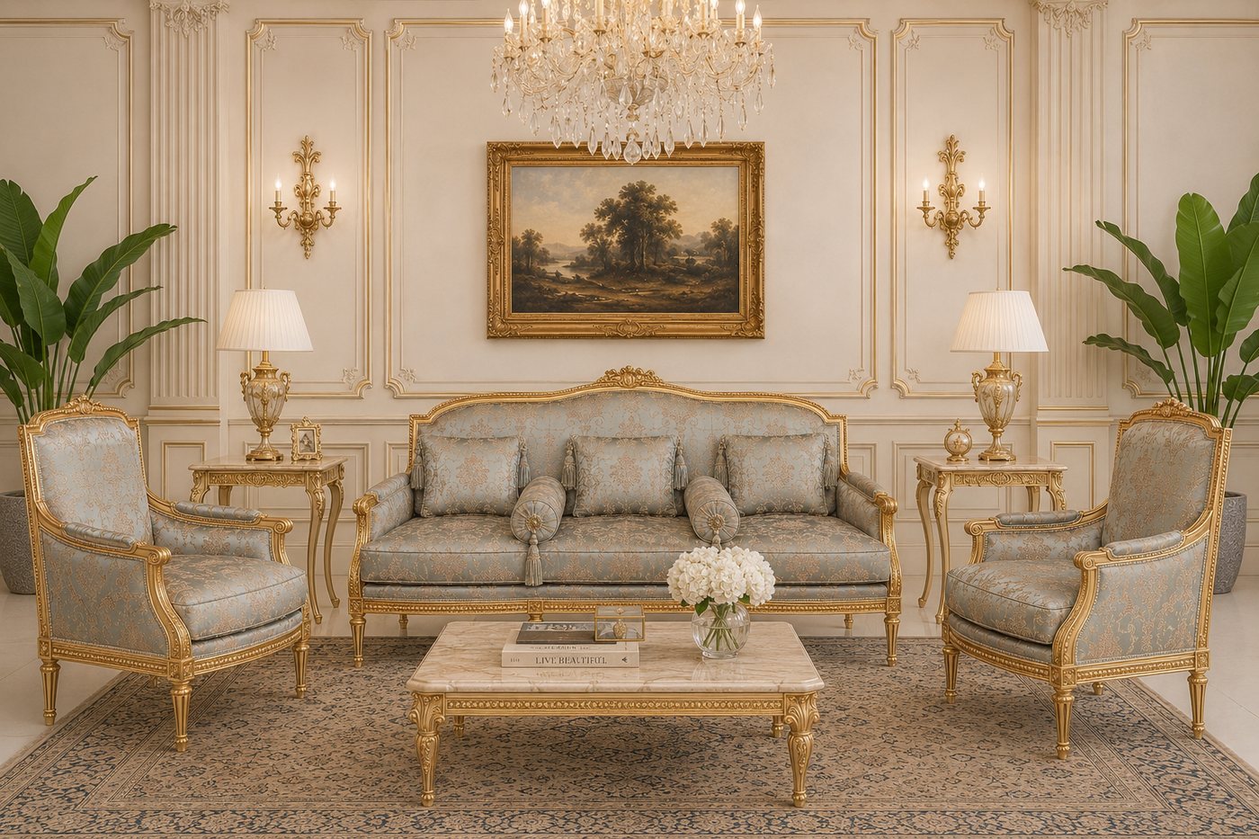 Carved and gilt salon suite in a classical reception room by Brass and Wood