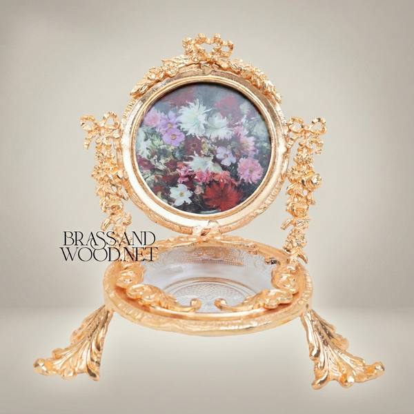 Rococo Brass Swivel Photo Frame Stand with Floral Acanthus Ornaments and Crystal Glass Tray — handcrafted by Brass & Wood