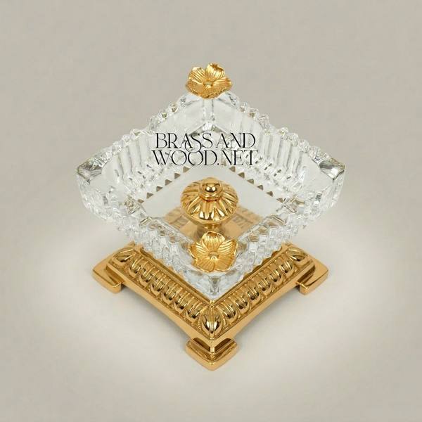 Neoclassical Crystal Ashtray with Floral Brass Base & Butterfly Finials — handcrafted by Brass & Wood