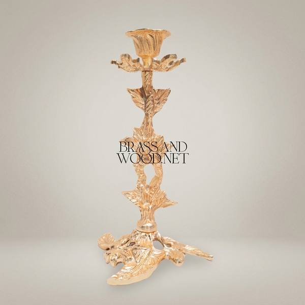 Rococo Brass Candlestick Holder - Botanical Leaf & Flower Single Arm — handcrafted by Brass & Wood