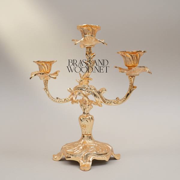 Rococo Brass Three-Arm Candelabra with Floral Scroll Base — handcrafted by Brass & Wood
