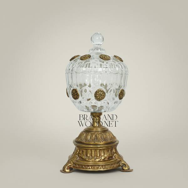 Classical Crystal Bonbonniere with Brass Rosette Base & Lidded Globe Body — handcrafted by Brass & Wood