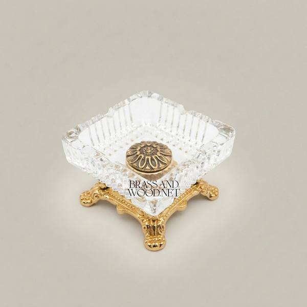 Baroque Crystal & Brass Ashtray on Ornate Footed Base — handcrafted by Brass & Wood