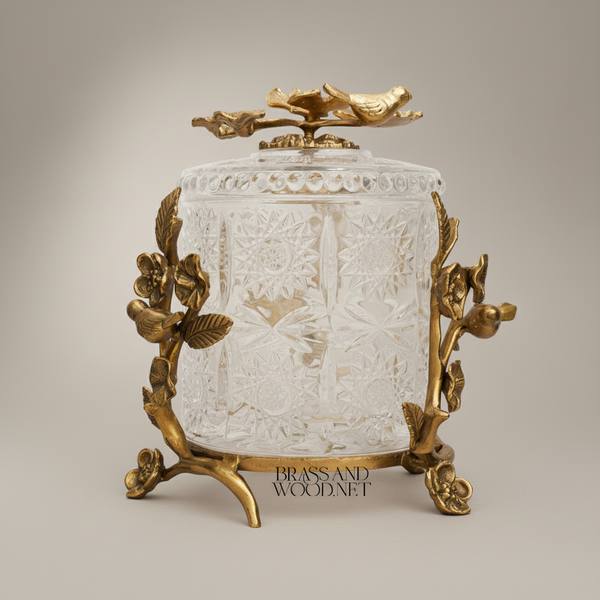 Classical Crystal & Brass Bonbonniere with Birds & Floral Branch Frame — handcrafted by Brass & Wood