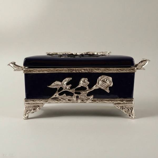 Art Nouveau Brass & Cobalt Ceramic Tissue Box - Rose Branch Relief — handcrafted by Brass & Wood