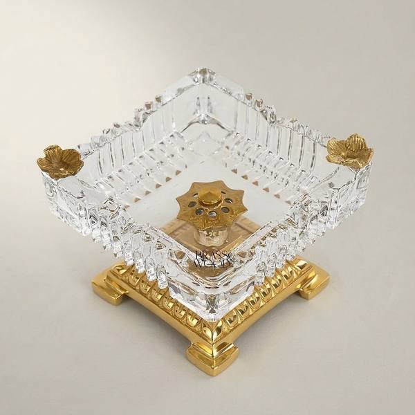 Neoclassical Crystal & Brass Square Ashtray with Floral Corner Mounts — handcrafted by Brass & Wood