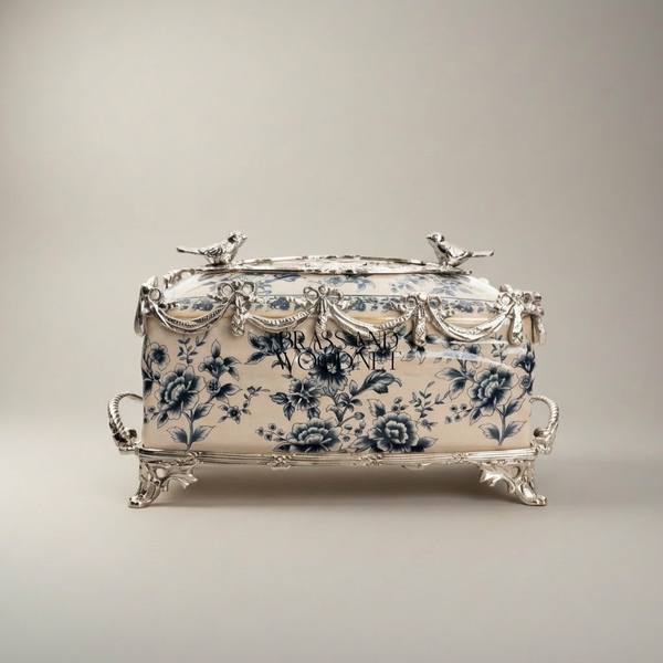 Rococo Brass & Ceramic Tissue Box - Blue Floral Toile with Swag & Bird Finials — handcrafted by Brass & Wood