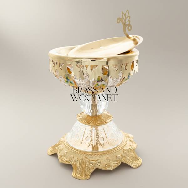Baroque Crystal-Stem Brass Incense Burner with Enamel-Painted Bowl & Acanthus Lid Finial — handcrafted by Brass & Wood