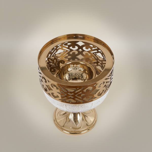 Arabesque Brass & Crystal Globe Incense Burner with Pierced Fretwork Crown — handcrafted by Brass & Wood
