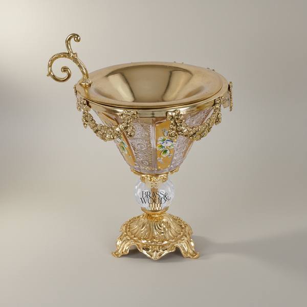 Rococo Hand-Painted Crystal Incense Burner with Floral Swag & Ornate Brass Pedestal — handcrafted by Brass & Wood