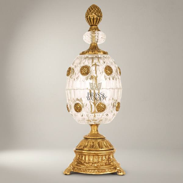Imperial Egg Crystal & Brass Bonbonniere - Pinecone Finial with Floral Medallions — handcrafted by Brass & Wood