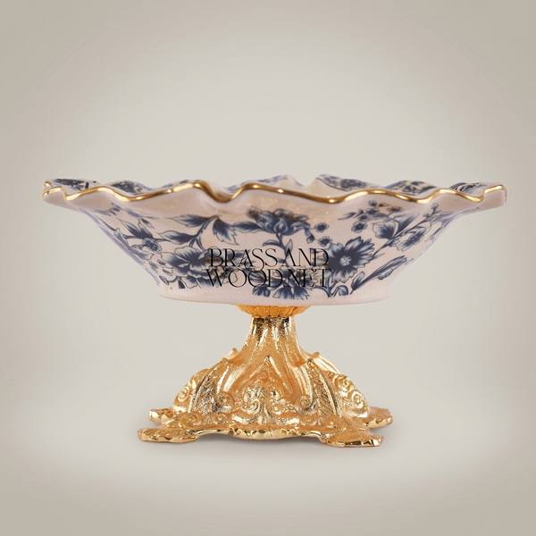 Rococo Ceramic & Brass Pedestal Ashtray with Indigo Floral Motif and Wavy Gilt Rim — handcrafted by Brass & Wood