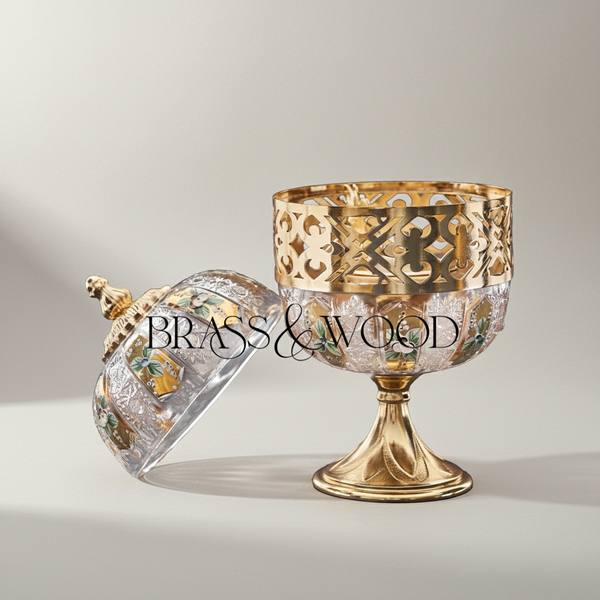 Arabesque Lattice Crystal & Brass Globe Incense Burner with Finial Lid — handcrafted by Brass & Wood