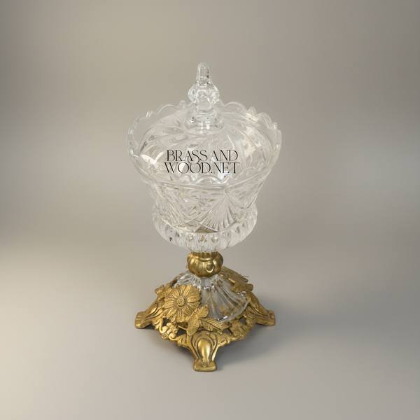 Classical Crystal Bonbonniere with Ornate Brass Floral Base & Lid — handcrafted by Brass & Wood