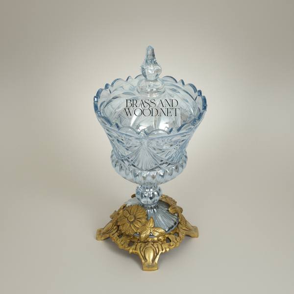 Classical Crystal Bonbonniere with Ornate Floral Brass Base — handcrafted by Brass & Wood