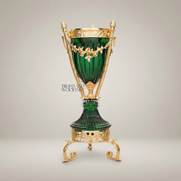 Neoclassical Emerald Glass & Brass Trophy Vase with Floral Swag Mounts — handcrafted by Brass & Wood