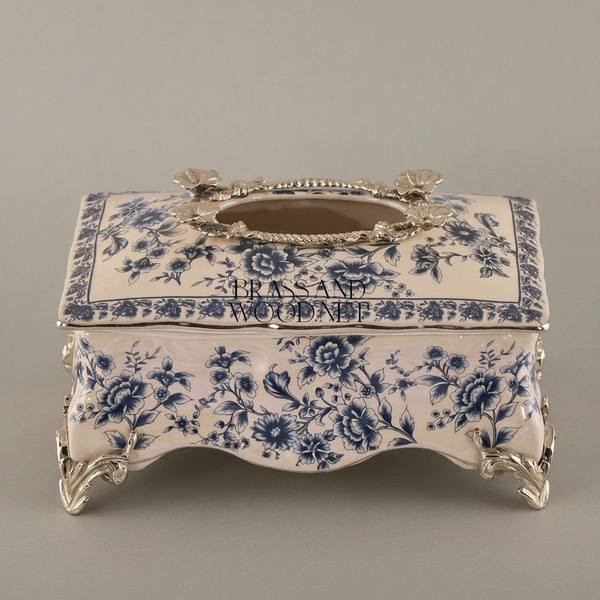 Rococo Ceramic Tissue Box with Blue Floral Motif & Metal Scrolled Feet — handcrafted by Brass & Wood
