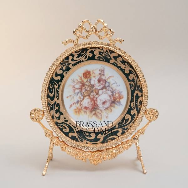 Rococo Brass & Ceramic Decorative Display Plate on Ornate Easel Stand - Botanical Floral Medallion — handcrafted by Brass & Wood