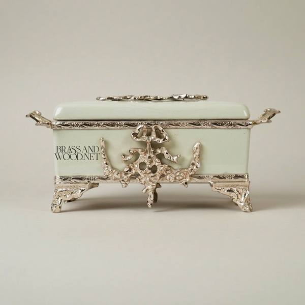 Rococo Celadon Ceramic Tissue Box with Ornate Metal Frame & Scroll Feet — handcrafted by Brass & Wood