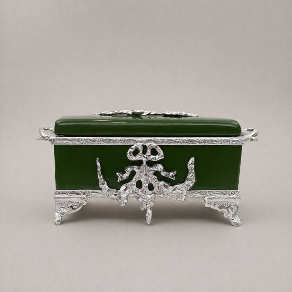 Rococo Brass & Ceramic Tissue Box Holder with Acanthus Scrollwork Frame — handcrafted by Brass & Wood