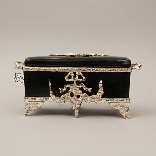 Neoclassical Black Ceramic & Brass Tissue Box with Floral Swag Mounts — handcrafted by Brass & Wood