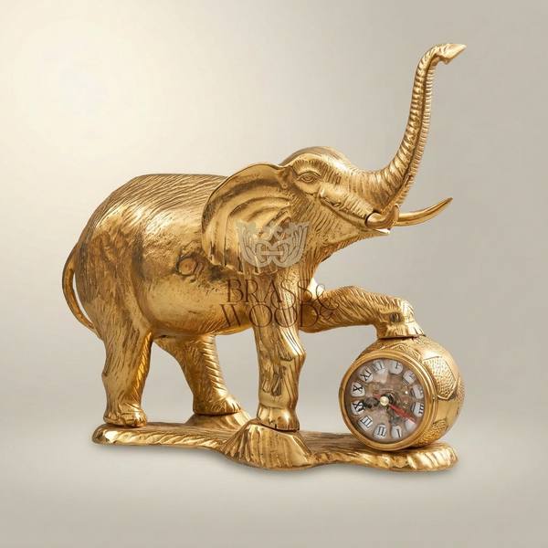 Brass Elephant Figurine Mantel Clock — Trunk-Up Lucky Sculpture — handcrafted by Brass & Wood