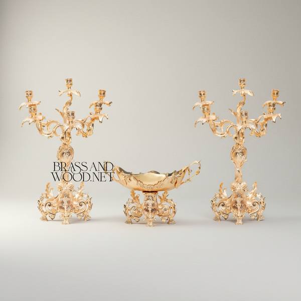 Rococo Brass 3-Piece Candelabra & Centerpiece Bowl Set - Acanthus Scroll Foliage — handcrafted by Brass & Wood