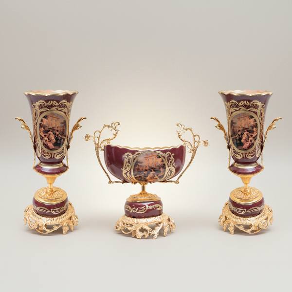Rococo Hand-Painted Ceramic & Brass Garniture Set – Wine Ground with Scenic Cartouche Medallions — handcrafted by Brass & Wood