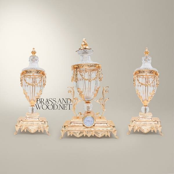 Neoclassical Crystal & Brass 3-Piece Clock Garniture Set with Swag-Draped Lidded Urns — handcrafted by Brass & Wood