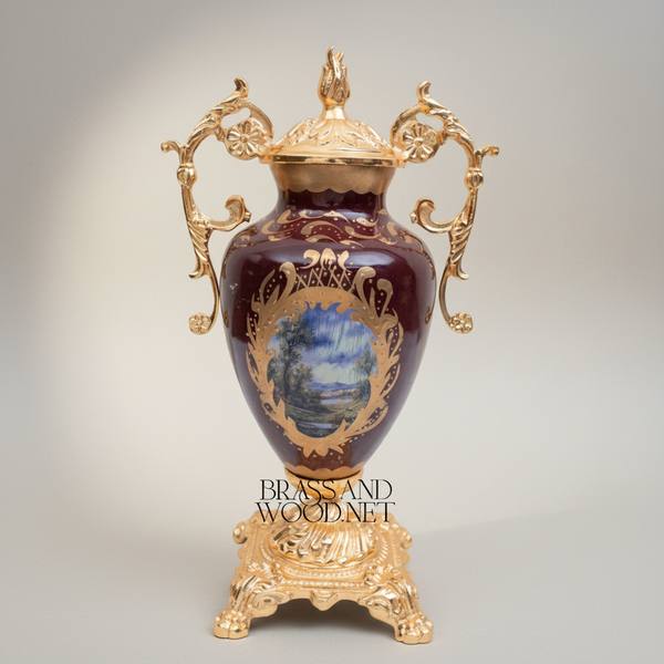 Rococo Covered Urn Vase – Wine Ceramic with Gilt Brass Mounts & Hand-Painted Landscape Medallion — handcrafted by Brass & Wood