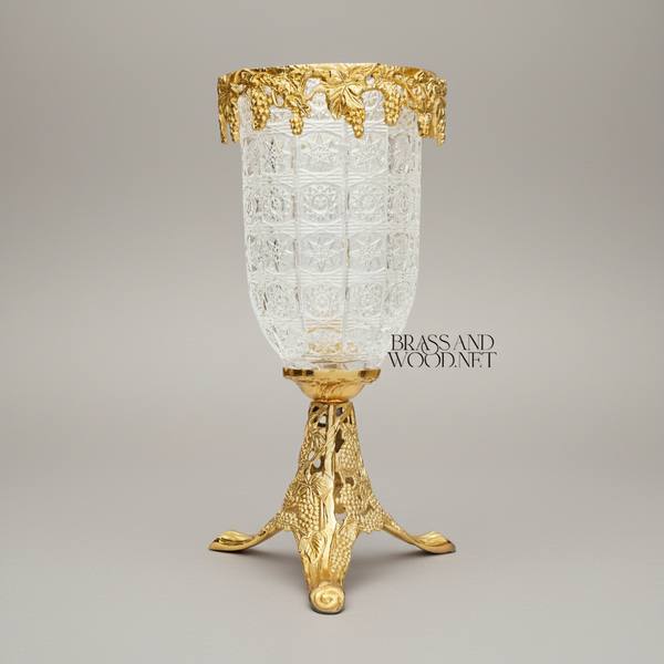 Classical Crystal Goblet Vase with Pierced Brass Grapevine Stand & Crown — handcrafted by Brass & Wood