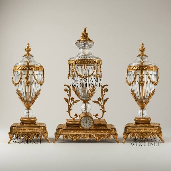 Louis XVI Neoclassical Brass & Crystal 3-Piece Mantel Clock Garniture Set with Swag Ormolu Mounts — handcrafted by Brass & Wood