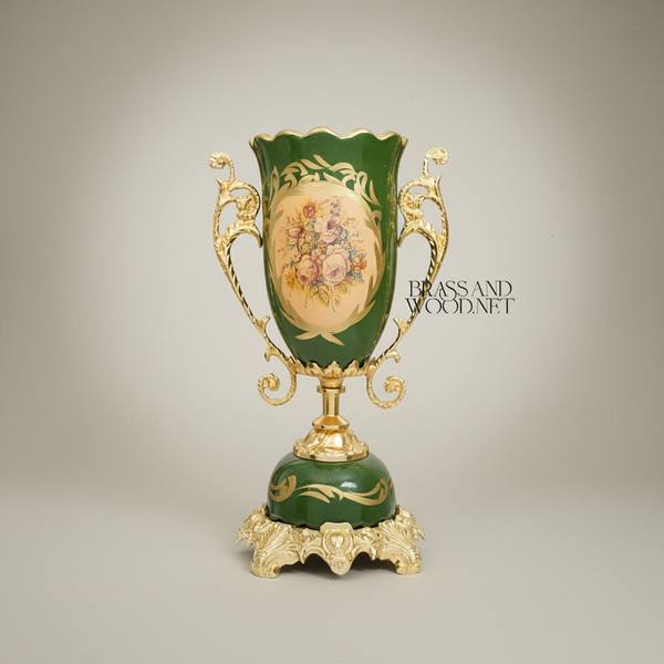 Rococo Trophy Cup Vase — Forest Green Ceramic with Floral Medallion & Ornate Brass Handles — handcrafted by Brass & Wood