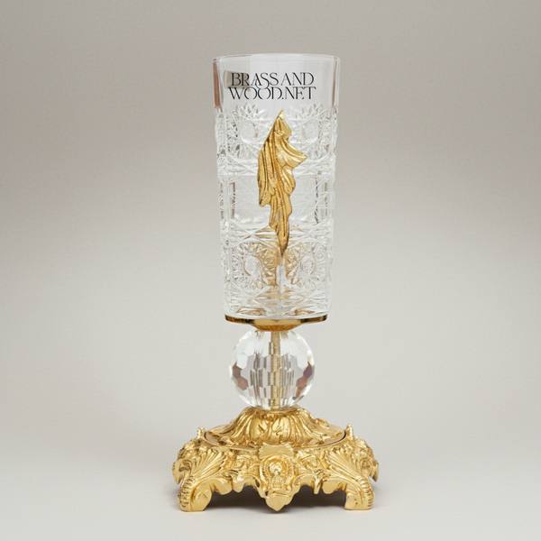 Rococo Hand-Engraved Crystal Vase on Ornate Brass Base with Acanthus Leaf Appliqué — handcrafted by Brass & Wood