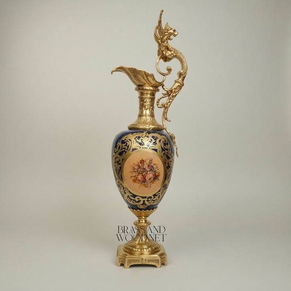 Victorian Rococo Cobalt Ceramic Ewer Vase with Dragon Handle & Floral Medallion — handcrafted by Brass & Wood