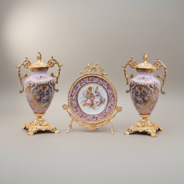 Rococo Brass & Ceramic Lidded Urn Vase Set with Floral Medallion — Twin Urns & Display Plate — handcrafted by Brass & Wood