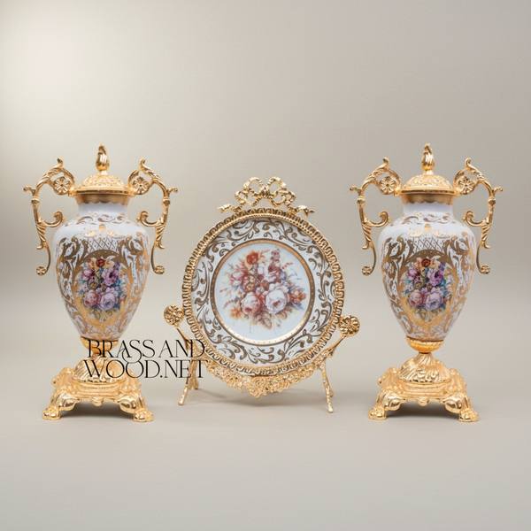 Rococo Brass & Porcelain 3-Piece Vase Set with Oval Plate on Stand — Hand-Painted Floral Bouquet — handcrafted by Brass & Wood